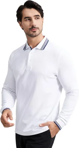 Miniatura 2 de Polo de piqué para hombre, manga larga, con punta de mezcla de algodón, casual, con cuello, ajuste clásico
