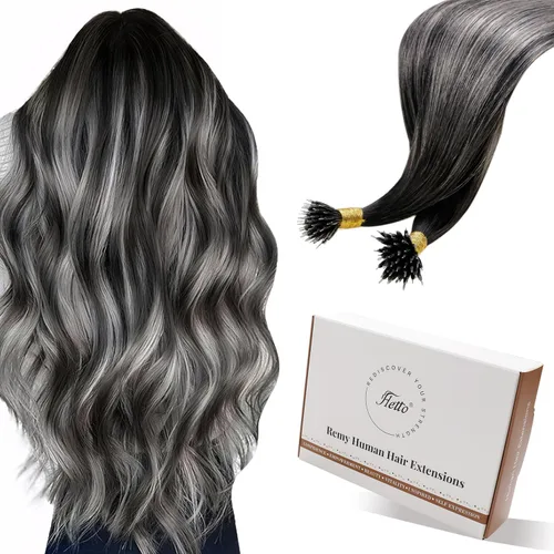 Hetto Extensiones de cabello humano con nano cuentas, balayage, extensiones de cabello humano, color negro degradado a plateado, extensiones de