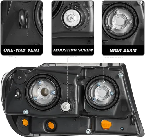 Miniatura 3 de SOCKIR Conjunto de faros delanteros compatible con Jeep Grand Cherokee 1999-2004 halógeno (carcasa negra, parte inferior ámbar, con bombillas)
