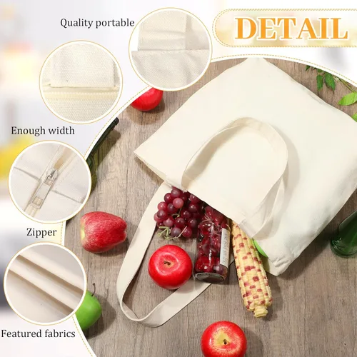 Miniatura 3 de Silkfly 20 Bolsas de Lona a Granel de 16.5x13.4'' Bolsas de Lona de Algodón en Blanco con Asas y Cremallera Reutilizables Lisas para Comestibles