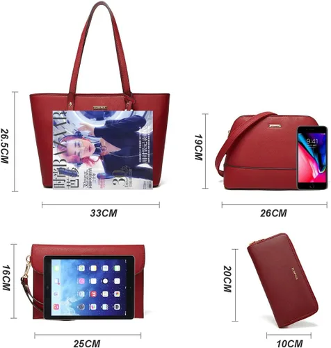 Miniatura 23 de Juego de 4 bolsas modernos para mujer de cuero sintético: bolso tote, bolso de hombro, bolso de mano y cartera.