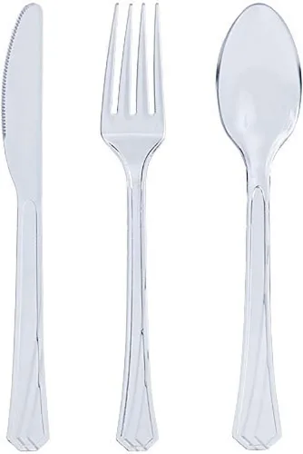 Tiger Chef - Cubertería de plástico de color resistente, incluye tenedores, cucharas para el té y cuchillos, Transparente Claro