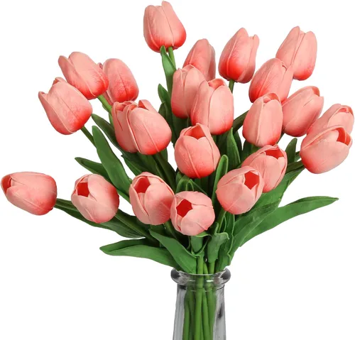 Miniatura 25 de IPOPU 24 tulipanes artificiales de tacto real para decoración, tulipanes falsos, arreglos florales, tulipanes artificiales sintéticos, decoración
