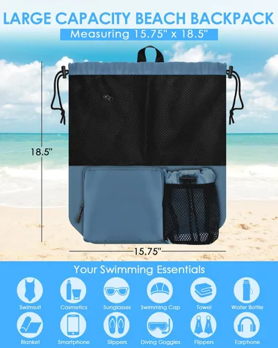 Miniatura 4 de BROTOU Mochila de playa para natación con bolsillo húmedo de malla y cordón, bolsas para nadar, gimnasio Azul marino