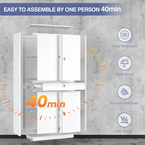 Miniatura 7 de Armario de almacenamiento de metal, archivador alto con 2 estantes ajustables y cajón, gabinete de herramientas de acero con cerradura para oficina