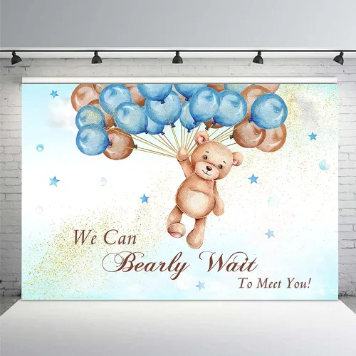 Miniatura 13 de MEHOFOND Telón de fondo de baby shower con texto en inglés "We Can Bearly Wait to Meet You" de 10 x 7 pies, globos azules y marrones, purpurina