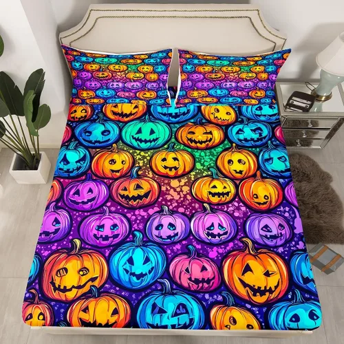Erosebridal Sábanas de calabaza de Halloween para niños, diseño de calabazas arcoíris, tamaño individual, para niños y niñas, juego de ropa de cama