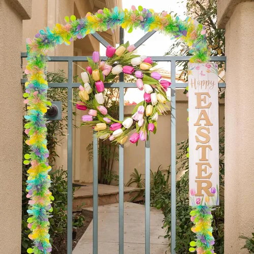 Miniatura 7 de Guirnalda de oropel de Pascua de 33 pies con diseño de huevo de Pascua metálico con confeti, guirnalda colgante de primavera, decoración para árbol