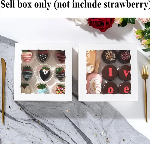 Miniatura 2 de RomanticBaking Paquete de 24 cajas de panadería (no incluye alimentos) de 7 x 7 x 2 1/2 pulgadas, cajas de fresas cubiertas de chocolate blanco