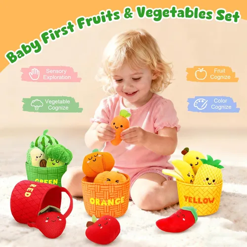 Miniatura 3 de TOHIBEE Juguetes Sensoriales para Bebés - 16 Piezas de Frutas y Verduras de Comida de Juego para Clasificar Colores con Sonajero, Crujido, Juguetes