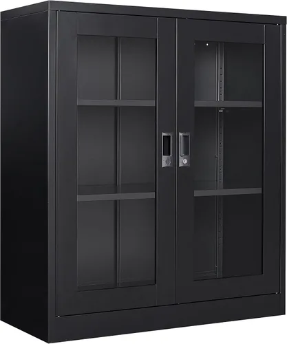 Armario de almacenamiento de metal negro SISESOL con puertas y estantes, armario de exhibición con cerradura de 36 pulgadas con puertas de acrílico,