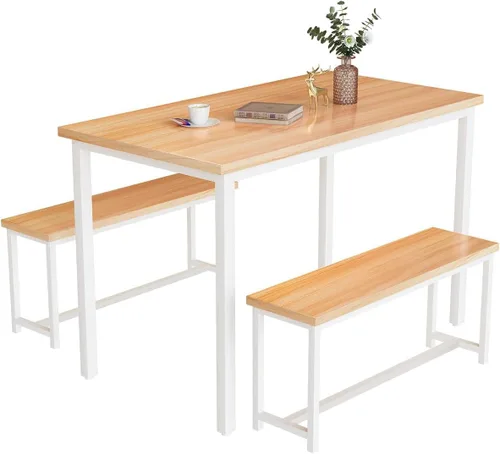 Miniatura 3 de Recaceik Juego de mesa de comedor de 47 pulgadas para 4, mesa de cocina de 3 piezas con 2 bancos, juego de mesa y sillas de cocina de madera, juego