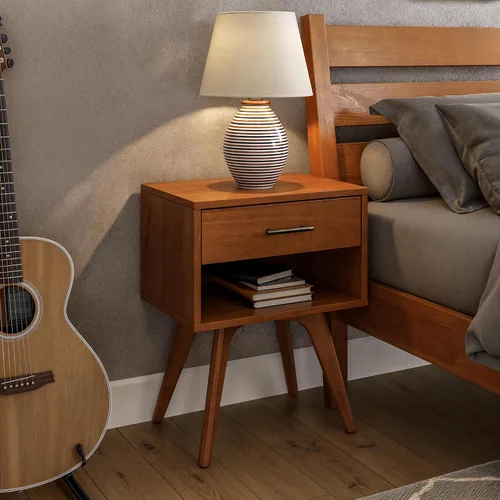 Miniatura 4 de Mesita de noche moderna de mediados de siglo con un cajón/construida de madera maciza/acabado castañón