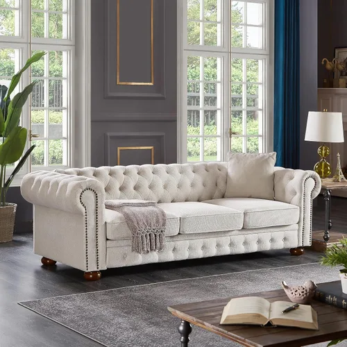 Miniatura 4 de Sofá Chesterfield de 89 pulgadas, sofá clásico de mediados de siglo con respaldo bajo, brazos enrollados y adornos de cabeza de clavo, sofá de 3