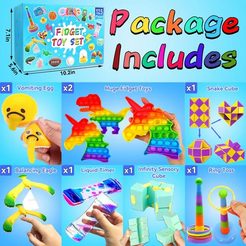 Miniatura 3 de Paquete de 125 juguetes fidget surtidos para niños de 4-8-12, juguetes para aliviar el estrés y la ansiedad para obsequios de fiesta, rellenos