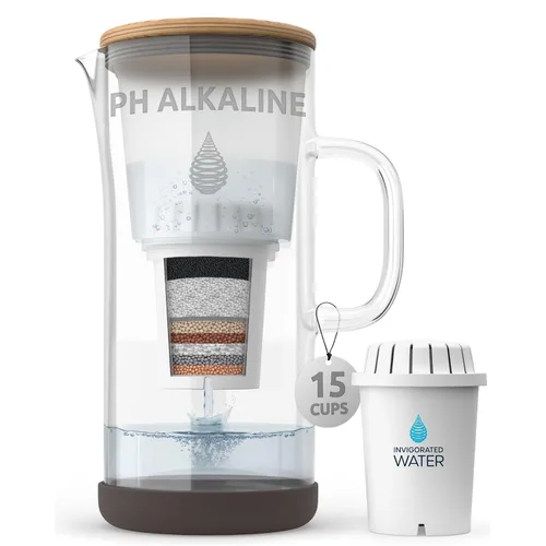 Invigorated Water Jarra de agua alcalina de vidrio pH Restore – Jarra de filtro de agua de larga duración con sistema de filtración de varias