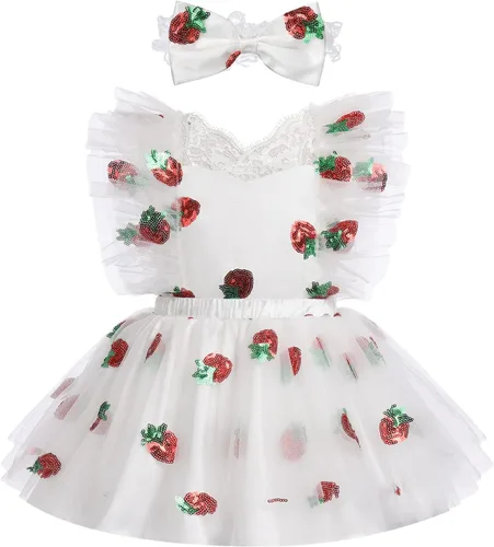 Vestido de cumpleaños de cereza y fresa para niñas pequeñas con diadema, traje de princesa para sesión de fotos