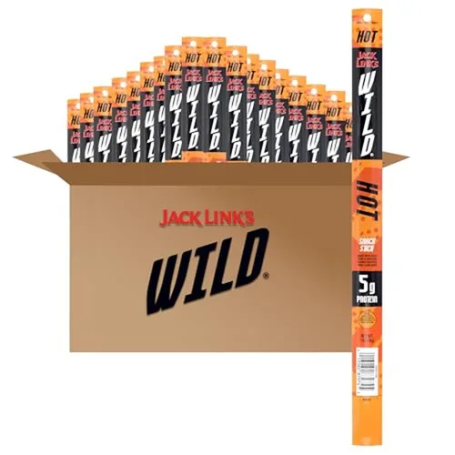 Jack Link's WILD Hot Spicy Jerky Sticks – Snacks proteicos listos para comer – 0.18 oz de proteína por porción – (paquete de 20) aperitivos de carne