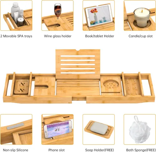 Miniatura 3 de Bandeja de Bañera de Bambú para Baño de Lujo, Bandeja de Baño Premium Expandible con Soporte para Jabón/Toalla/Libro, Accesorios de Baño Ajustables