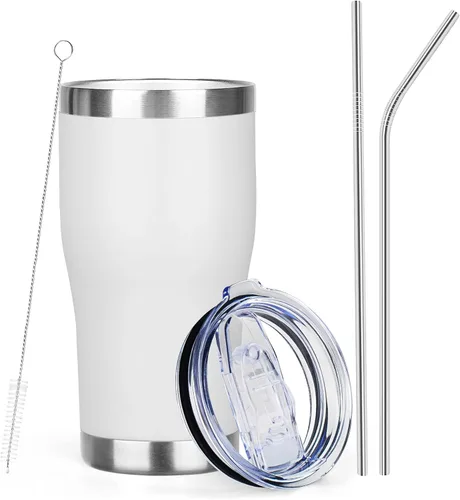Miniatura 12 de MEZMUT - Paquete de 4 unidades de vaso de café aislado de 20 onzas con tapa y popote, vaso de viaje de acero inoxidable de doble pared