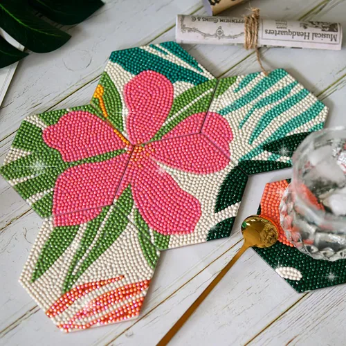 Miniatura 5 de Temlum 6 Piezas de Posavasos de Pintura de Diamantes con Soporte, Posavasos de Arte de Diamantes con Flores, Kits Pequeños de Pintura de Diamantes