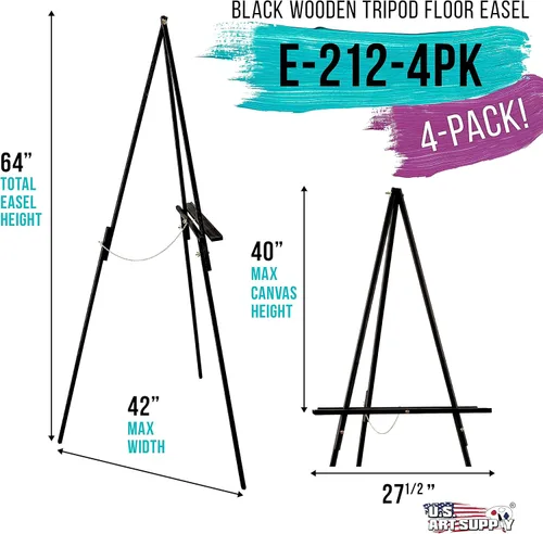 Miniatura 2 de U.S. Art Supply Soporte de caballete de madera negro de 64 pulgadas (paquete de 4) – Trípode ajustable con marco en A para pintura, dibujo