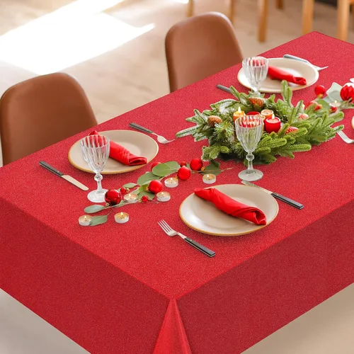 Miniatura 5 de FunnyPars Paquete de 6 Manteles de Plástico Rojo Iridiscente, Cubiertas de Mesa Rectangulares Desechables con Brillo Láser, Mantel de Lámina