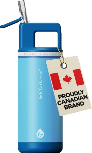 GROSCHE Alpine Flip n' Sip - Botella de agua aislada de 16 onzas para niños, acero inoxidable, a prueba de fugas, con pajilla, perfecta para Azul