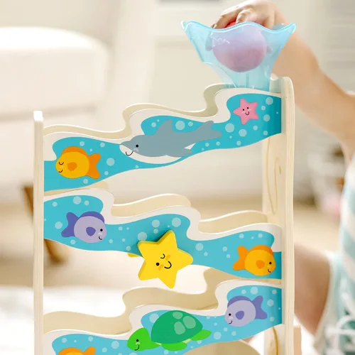 Miniatura 7 de Melissa & Doug Rollables Ocean Slide - Juguete de caída de pelotas de madera para bebé, 5 piezas de juguetes para bebés con temática oceánica