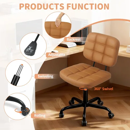 Miniatura 6 de Silla de escritorio de oficina en casa sin brazos – Pequeñas sillas giratorias de escritorio de oficina con ruedas – Silla de computadora de piel