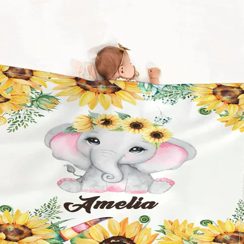 Miniatura 4 de Manta de bebé personalizada con nombre, elefante y girasol, manta de forro polar personalizada para niñas, niños, baby shower, regalo de cumpleaños