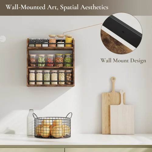 Miniatura 2 de Estante de especias montado en la pared, estante de especias de madera de 3 niveles para encimera, organizador vertical de especias para tarros