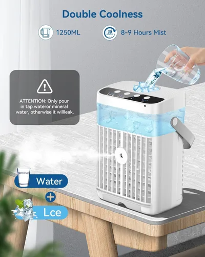 Miniatura 6 de Aire Acondicionado Portátil, Mini Aire Acondicionado Portátil de 1250ml Ventilador de Enfriamiento de Aire Ventilador de Aire con 3 Velocidades