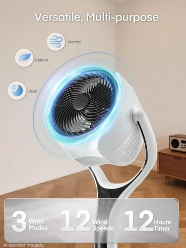 Miniatura 4 de FOHERE Ventilador de suelo, ventilador de pedestal oscilante de 120°, ventilador inteligente silencioso con luz LED, altura ajustable de 27-46
