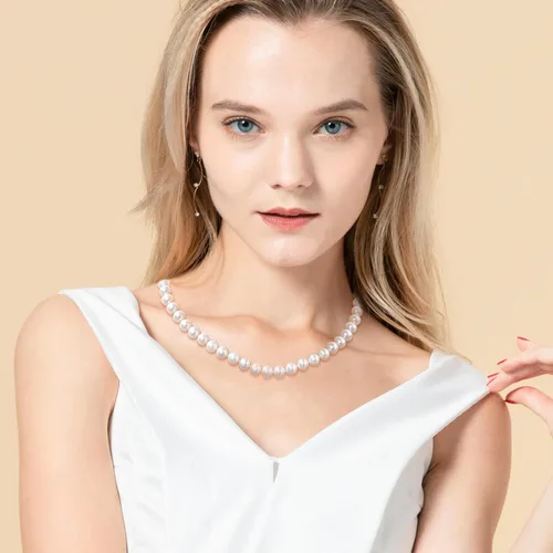 Miniatura 3 de Collar de perlas de concha para mujer con perlas cultivadas redondas blancas de agua dulce de calidad AAA+, cierre de plata de ley 925 chapado