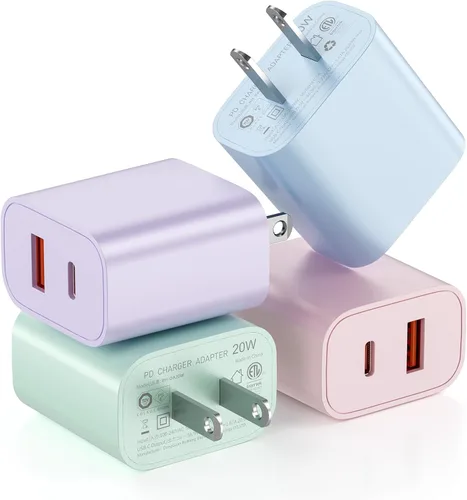Bloque de cargador USB C múltiples puertos, paquete de 4 unidades multicolor de doble puerto (PD 20 W USB C y puerto USB C 3.0 USB A) adaptador de