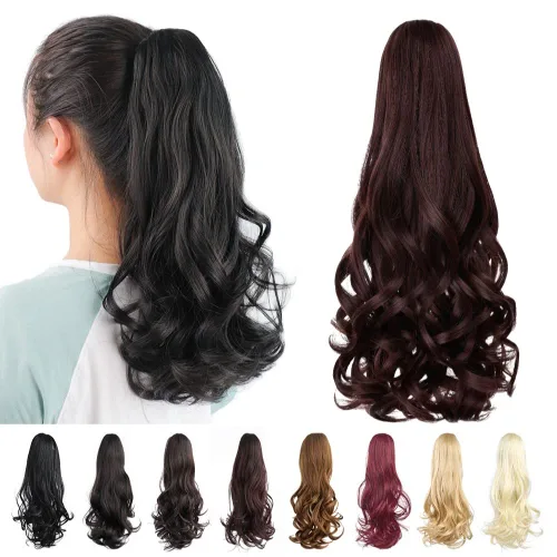Miniatura 22 de Extensiones de cola de caballo, extensiones de cabello rizado con clip de garra de color marrón oscuro para mujer, peluca sintética de cola