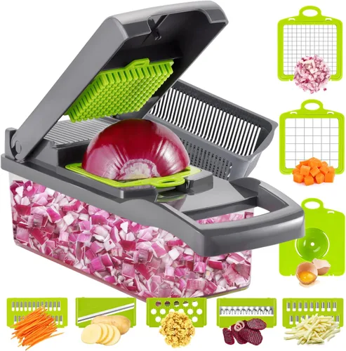 Ourokhome Cortador de cebollas y verduras, cortador profesional de mandolina 12 en 1 para cocina, picador de alimentos multifuncional para papa, Gery