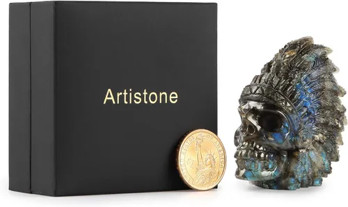Miniatura 6 de SMQ Estatua de cabeza de calavera india de cristal de labradorita de 2.5 pulgadas, figura de calavera tallada a mano, adorno de piedra curativa