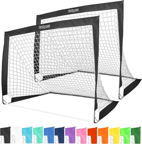 GoSports Porterías de fútbol portátiles de 4 x 3 pies para niños, 13 colores, juego de 2 redes desplegables de tono de equipo para patio trasero