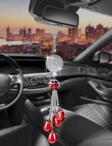 Miniatura 12 de Glamorosa decoración colgante de espejo de coche con cabeza de zorro azul oscuro, adorno de automóvil con temática animal para mujeres y hombres