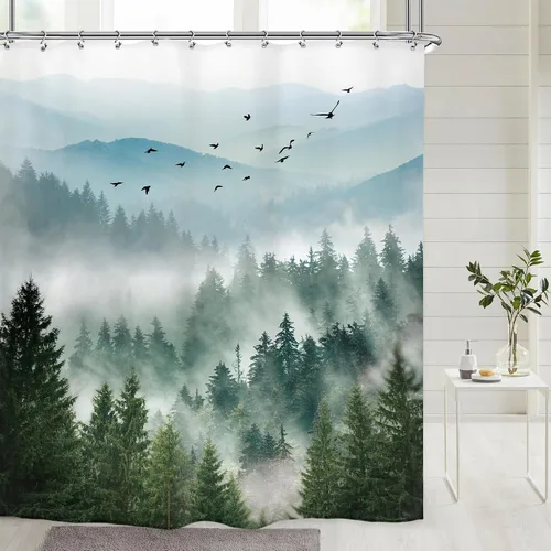 Miniatura 2 de Riyidecor - Cortina de ducha para baño pequeño de montaña, 36 pulgadas de ancho x 72 pulgadas de alto, verde, para RV, temática rústica, naturaleza