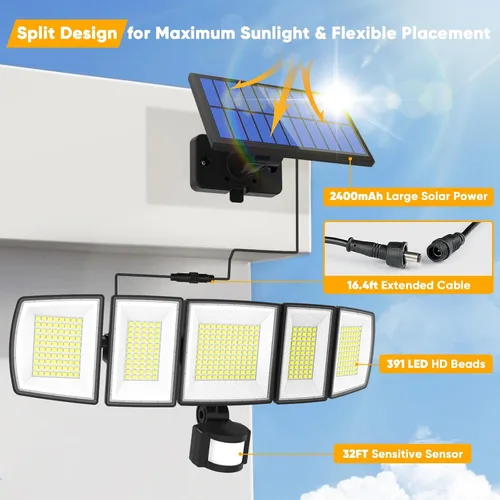 Miniatura 2 de MDCMDCM Luces solares de movimiento para exteriores, con cable de 16.4 pies, luces LED de seguridad de 3000 lm para exteriores del atardecer al