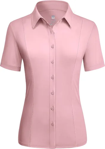 Miniatura 14 de Camisas con botones para mujer, elásticas, de manga corta, con cuello, sin arrugas, básica, de negocios, blusa de trabajo