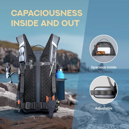 Miniatura 6 de Xelfly - Mochila de pesca impermeable con soporte para caña, válvula de aire inflable, correas acolchadas para la cintura y bucles para engranajes