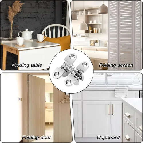 Miniatura 5 de Paquete de 4 bisagras ocultas de acero inoxidable de 180 grados para puertas y gabinetes, bisagras invisibles cruzadas y oscilantes