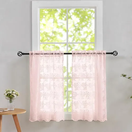 Miniatura 84 de YJ YANJUN Cortinas traslúcidas negras de 54 pulgadas de largo, panel de cortina de encaje gótico victoriano para cocina, cortinas cortas de Negro