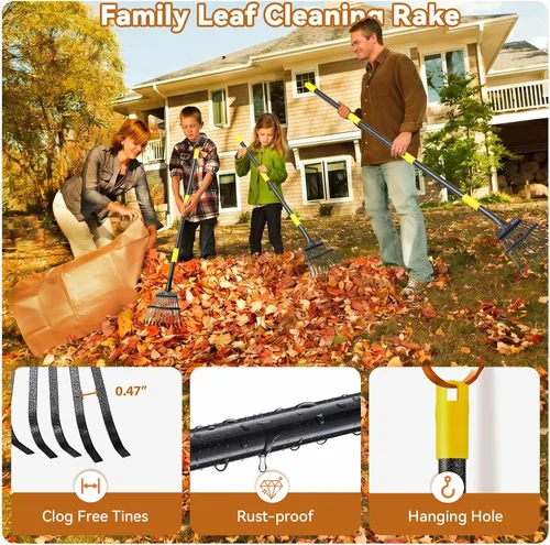 Miniatura 8 de Rastrillo de hojas de jardín para césped resistente, rastrillo de metal para patio con cabezal pequeño y estrecho de 9 pulgadas, mango largo