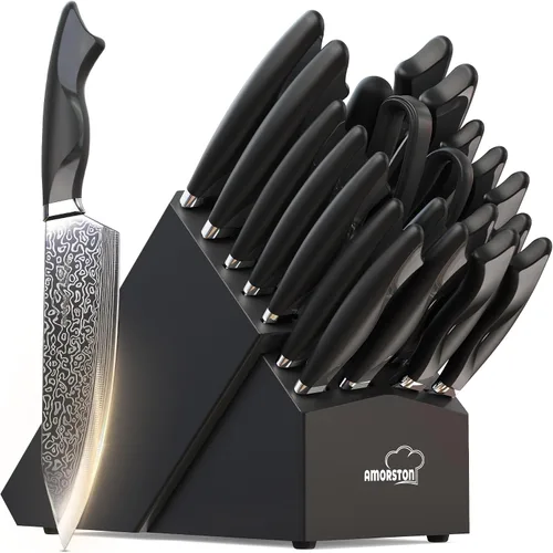 Amorston Juego de cuchillos de 22 piezas, juego de cuchillos de acero inoxidable de alto carbono grabado con láser, juego de cuchillos de cocina