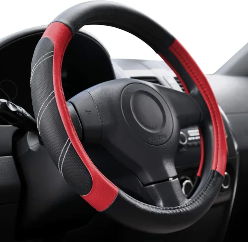 Miniatura 16 de Elantrip Funda de volante de cuero deportivo 14 1/2 pulgadas a 15 pulgadas universal, acolchada, de agarre suave y transpirable para coche, camión